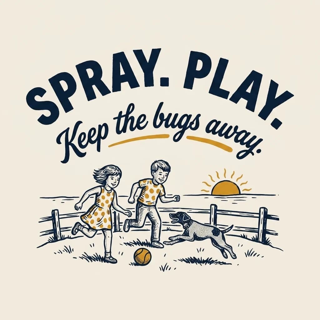 Hand-drawn lockup: arched lettering reads Spray. Play. with Keep the bugs away. in brush script beneath, above two children and a leaping dog chasing a ball past a fence at sunset