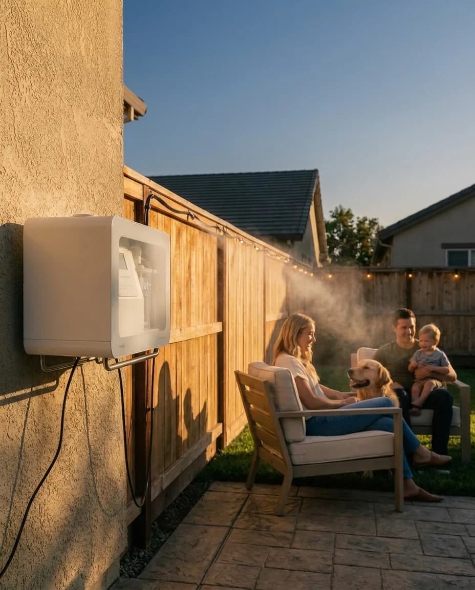 The Brightcide System mounted by the patio, misting the fence line at golden hour