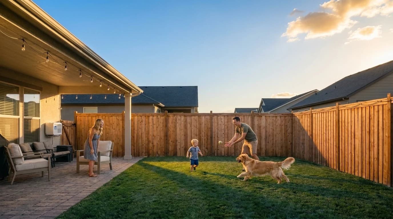 Family playing catch with their golden retriever in a fenced backyard at golden hour