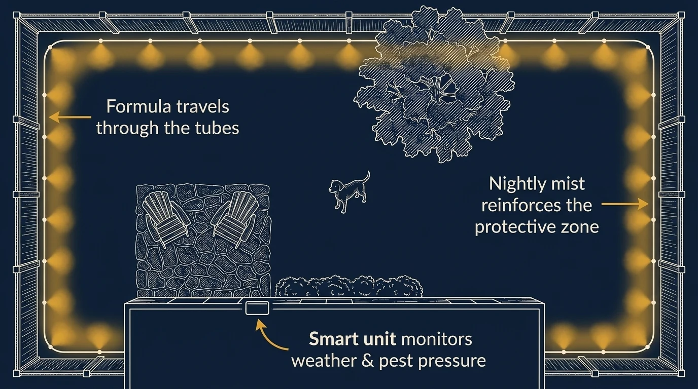 Aerial diagram of a backyard: the misting line traces the fence perimeter with an amber band of nightly mist, the smart unit on the house wall monitoring weather and pest pressure
