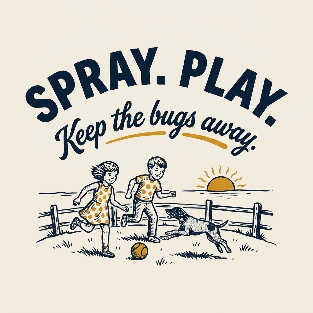 Hand-drawn lockup: arched lettering reads Spray. Play. with Keep the bugs away. in brush script beneath, above two children and a leaping dog chasing a ball past a fence at sunset