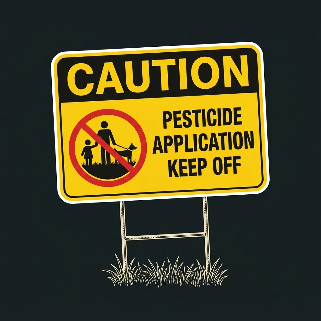 Yard sign on a lawn stake reading Caution, Pesticide Application, Keep Off, with a red prohibition circle over a family and their dog