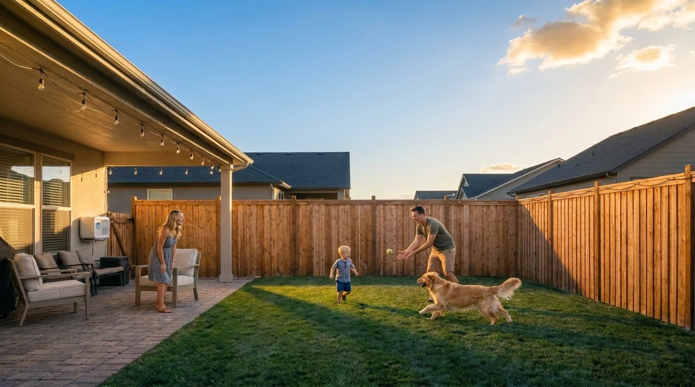 Family playing catch with their golden retriever in a fenced backyard at golden hour